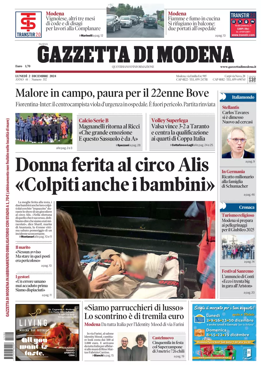 Prima-pagina-gazzetta di modena-oggi-edizione-del-2024-12-02